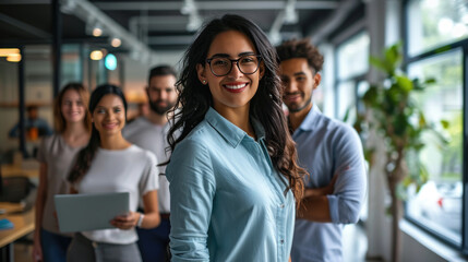 Group of diverse professional adults standing confidently in a modern office environment, smiling and posing for a group photo. - obrazy, fototapety, plakaty