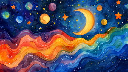 Whimsical celestial space illustration with moon, stars, planets, and waves, in a dreamy watercolor nightscape