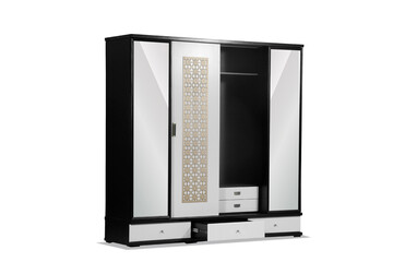 Fototapeta premium Opened classical wooden wardrobe isolated on white background 