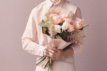 A man in a business suit holding a bouquet of flowers. AI Generated