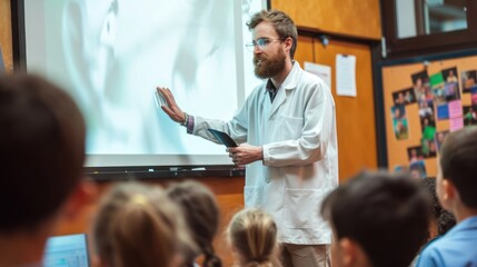 School Science Teacher Teaching Children in Front of Classroom Generative AI