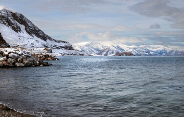 A view of Gevas, Van district, on a snowy day