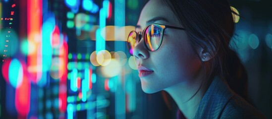 Female cryptocurrency trader using hologram technology, cloud computing, and AI strategies for investment growth. - obrazy, fototapety, plakaty