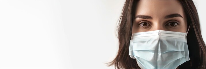 Portrait of a beautiful young woman in a medical mask on a white background with copy space. Medical Mask. Pandemic Concept with copy space. Healthcare Concept. Epidemic Concept.  