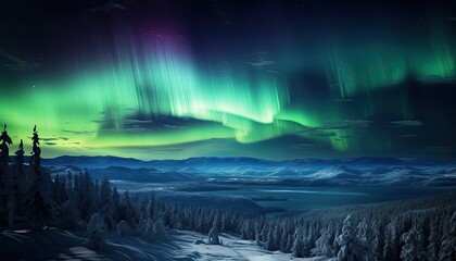 Fototapeta premium View of night sky with multicolored aurora borealis and mountain peak background. Night glows in vibrant aurora reflection on the lake with forest. 