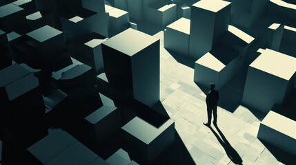 abstract of man standing next to cubes