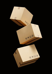 Set of falling beige cardboard boxes for delivery of goods isolated on a black background. Recyclable packaging. Mockup. 3d render