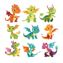 Foto op Aluminium Draak Cartoon dragon set. Cute dragons. Baby fire dragon or dinosaur cute characters isolated vector. Fairy tale monsters. Vector dragon