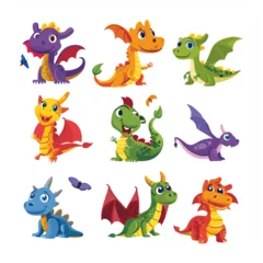 Fotobehang Cartoon dragon set. Cute dragons. Baby fire dragon or dinosaur cute characters isolated vector. Fairy tale monsters. Vector dragon © Irina