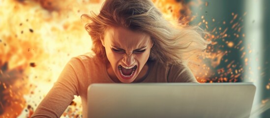 Angry woman about to smash computer. - obrazy, fototapety, plakaty
