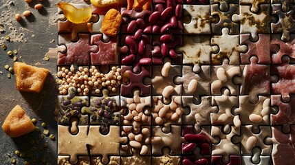 A conceptual image showing a puzzle made of various protein sources, like beans, tofu, and lean meats