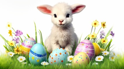 Fototapeta premium A lamb on the grass with flowers and Easter eggs on a white background