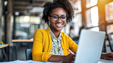 Black Businesswoman Sitting in Front of Laptop Computer Generative AI