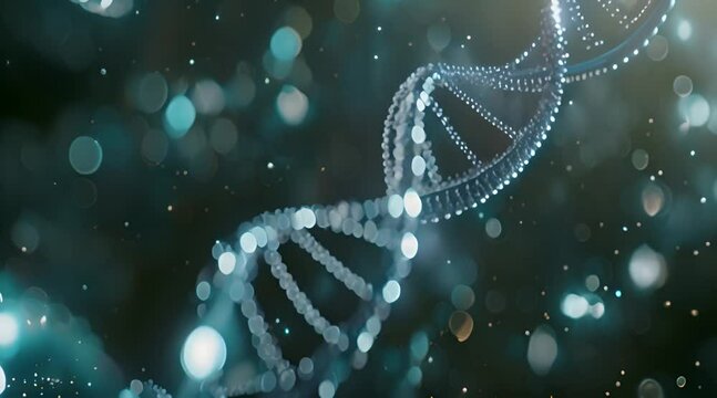 Abstract blue colored shiny dna chain molecule dark background.