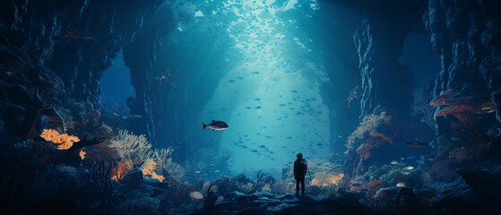A lone sailor discovers a hidden underwater civilization thriving in bioluminescent coral reefs - obrazy, fototapety, plakaty