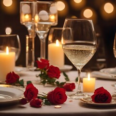 Romantic Evening: Bubbly Glasses, Candlelit Ambiance, and White Roses at a Valentine's Day Dinner