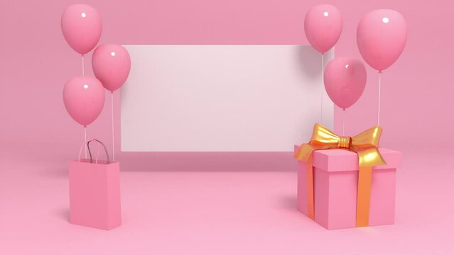 White square banner with empty space. Pink ballons appears floating, shopping bag and gift box fall. Pink gift with golden ribbon. 3D valentines and moms day greeting cards and promotion background.