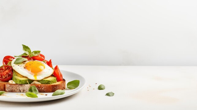 Roasted grilled bread with avocado, basil, cherry tomatoes and fresh basil leaves on a plate on white background with copyspace as healthy wholesome food and lifestyle concept