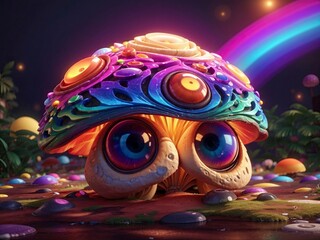 deform alien psychedelic colored mushrooms with big eyes, colorful background, 3D Rendering