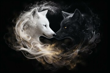 An ethereal artwork depicting a surreal yin yang symbol with a wolf transcending into swirling smoke. Generative AI - obrazy, fototapety, plakaty