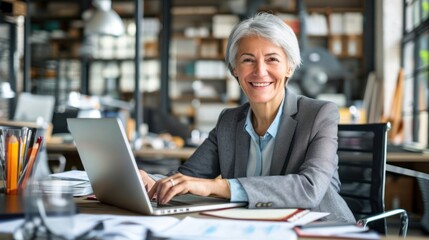 Elderly Caucasian Mature Business Woman Sitting at Desk With Laptop Generative AI