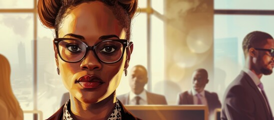 At the company office, an elegant African woman leads her business team. - obrazy, fototapety, plakaty