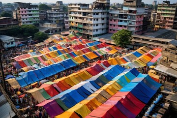 Fototapeta na wymiar Aerial view of local market colourful tents at Minar Moshjid Tabling for the Global Muslims