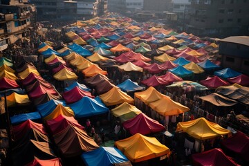 Aerial view of local market colourful tents at Minar Moshjid Tabling for the Global Muslims - obrazy, fototapety, plakaty