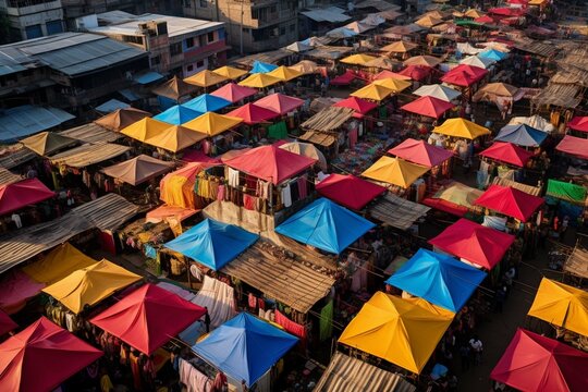 Aerial view of local market colourful tents at Minar Moshjid Tabling for the Global Muslims
