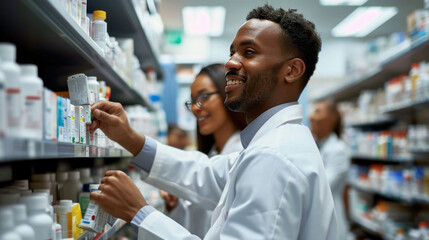 Smiling pharmacists in white coats, working and discussing medication options in a well-stocked pharmacy.