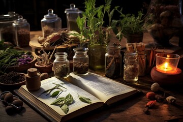 Ancient natural medicine, herbal, vials and recipe book on wooden background 