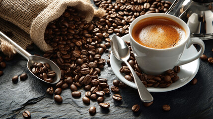 Close-up view of a freshly brewed cup of espresso with a creamy crema on top, accompanied by coffee beans spilling out from a burlap sack - obrazy, fototapety, plakaty