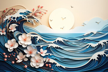 Sea waves with cherry blossoms. Japanese nature background in paper cut style. Generative AI - obrazy, fototapety, plakaty