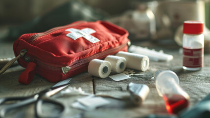 Fototapeta premium First aid kit with a white cross on a red bag, surrounded by various medical supplies
