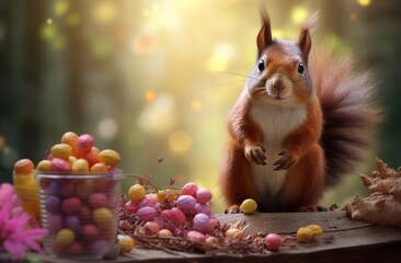 animal photography of squirrel with chocolate in forest