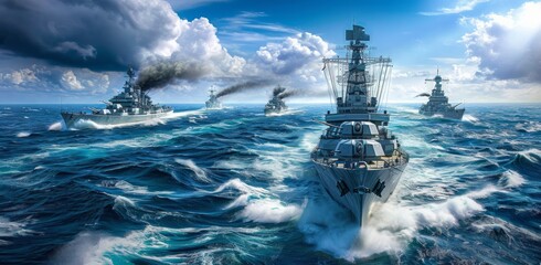 naval battleships sailing along the ocean - obrazy, fototapety, plakaty