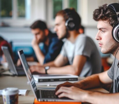 Group of Men Working on Laptops at a Table for E-Learning Generative AI