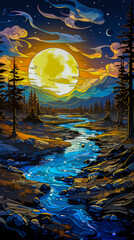 A painting of a stream running through a forest, night landscape with river and full moon. A storybook illustration, fantasy art, poster art.