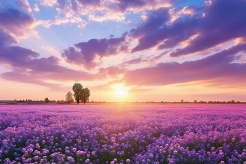 Beautiful panorama rural landscape with sunrise and blossoming meadow. purple flowers flowering on spring field