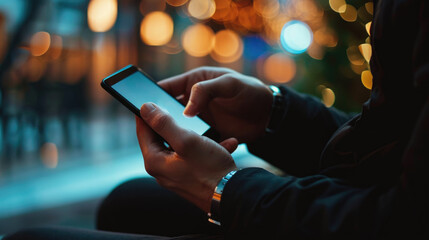 Person's hands are seen holding a smartphone, with a focus on the screen and fingers, against a backdrop of warm bokeh lights - obrazy, fototapety, plakaty