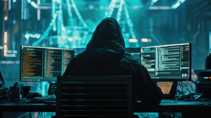 Individual in a hoodie sitting in front of multiple computer monitors displaying various data visualizations and global network map