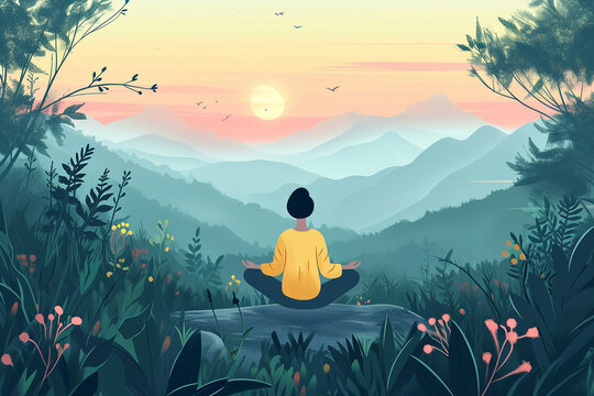 A peaceful scene of a person with cancer meditating, surrounded by nature, cancer drawings, flat illustration