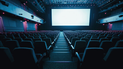 Empty cinema theater with rows of red seats facing a large blank movie screen, ready for a film to be projected.