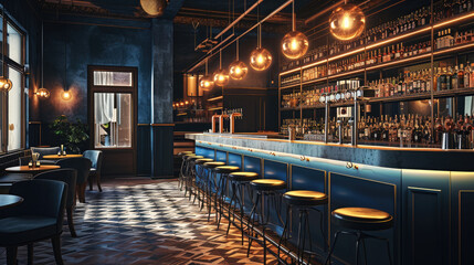 Elegantly designed bar interior with a blue and dark wood color scheme