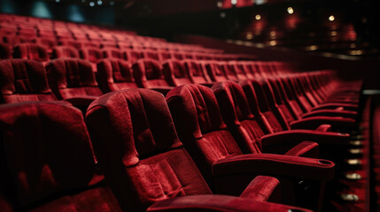 Fototapeta premium Empty cinema theater with rows of plush red seats, a central aisle leading to a screen
