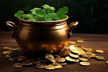 
Black pot of gold coins with green festive bow. Four leaf clover golden coins. For Saint Patrick's day. Lucky shamrock money. Leprechaun treasure in the cauldron. Fortune talisman