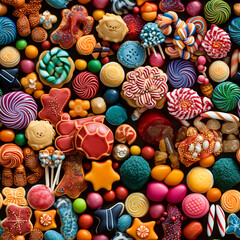 Fototapeta na wymiar Seamless pattern of colorful candies and lollipops background. Top view.