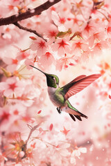 Beautiful hummingbird flutters amidst a springtime blossoming cherry tree, invoking the vibrant return of the spring season