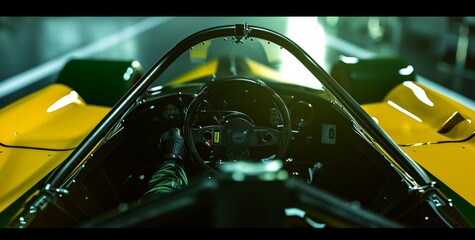 race car cockpit with a green screen
