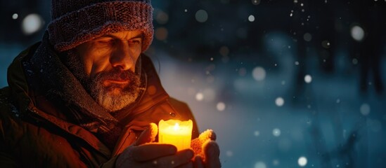 Man in winter clothes warms hands on candle during power outage.